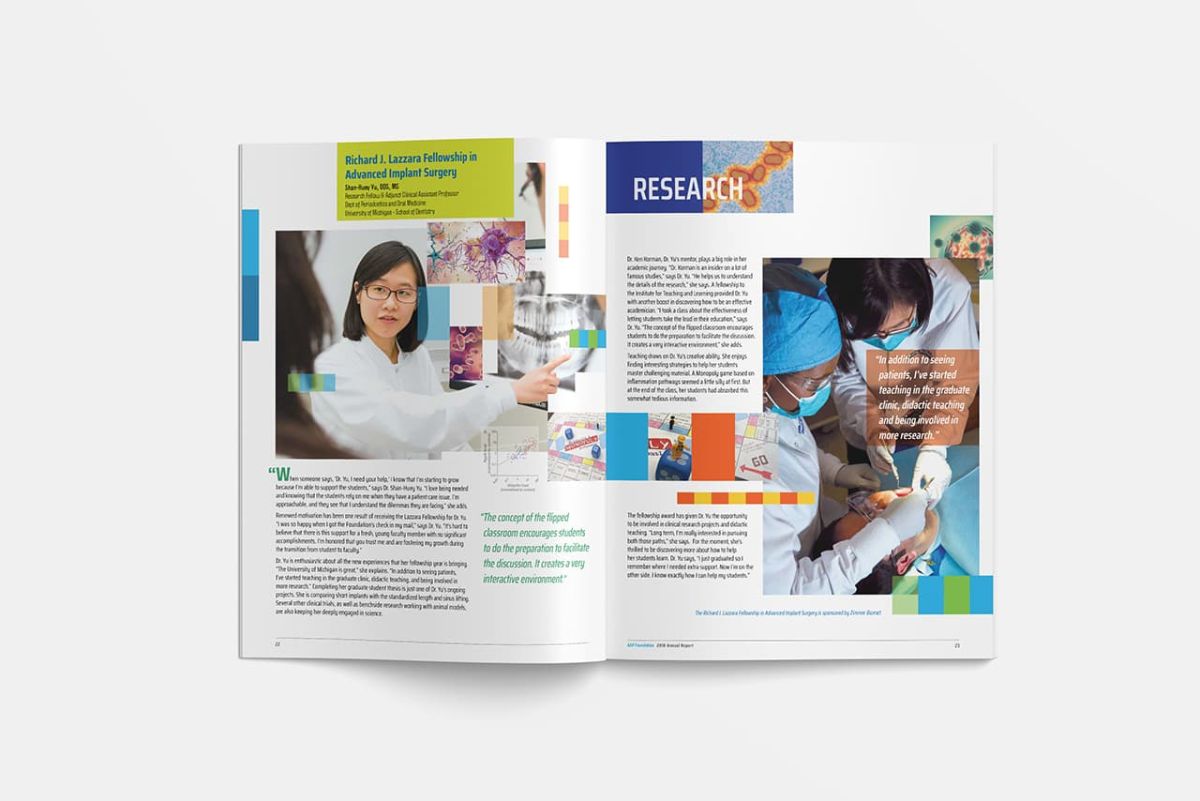 an open copy of the annual report with innovative designs on both pages