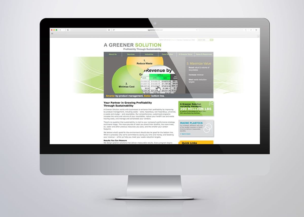 iMac mock-up of A Greener Solution Website Maximize Value banner