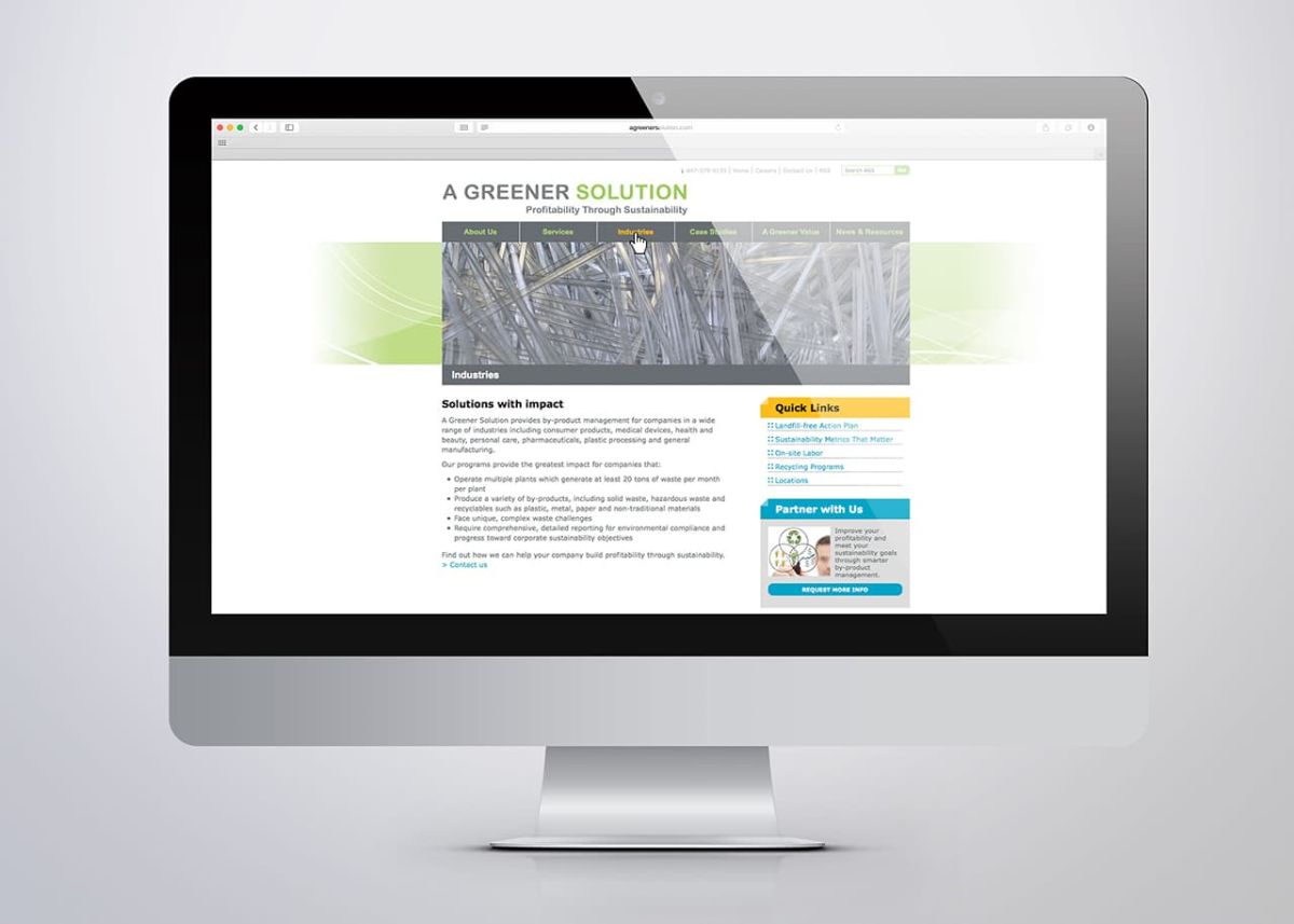 iMac mock-up of A Greener Solution Website Industries page