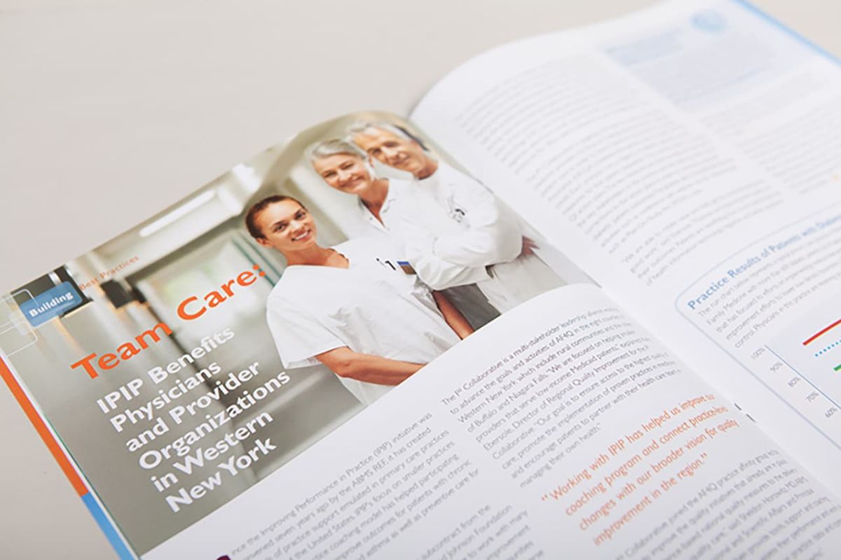 An open copy of the annual report zoomed on the left side page with the headline Team Care